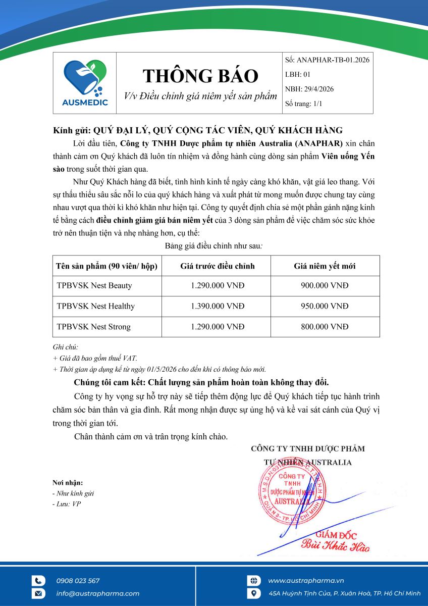 [THÔNG BÁO] Giảm Giá Niêm Yết Các Dòng Viên Uống Yến Sào Ausmedic 